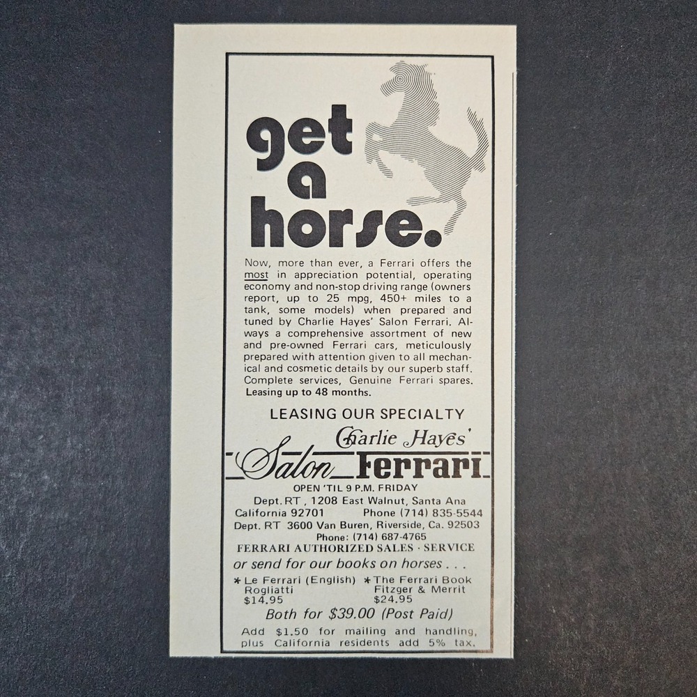 1974 Charlie Hayes Salon Ferrari Leases Vintage Print Ad Santa Ana Riverside CA